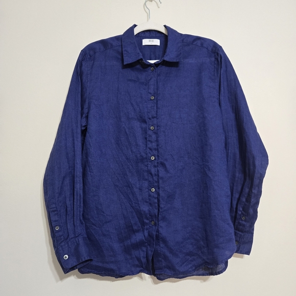 Uniqlo Womens 100% Linen Button Down Shirt Dark Blue Size L - Picture 2 of 7